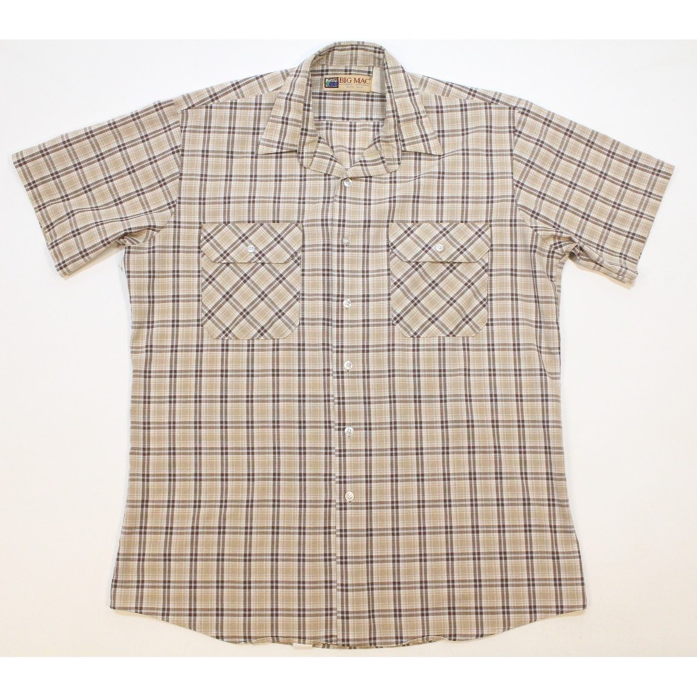 Big Mac Shirt Mens Large Brown Plaid Button up Work‎ Wear Vintage Made In USA